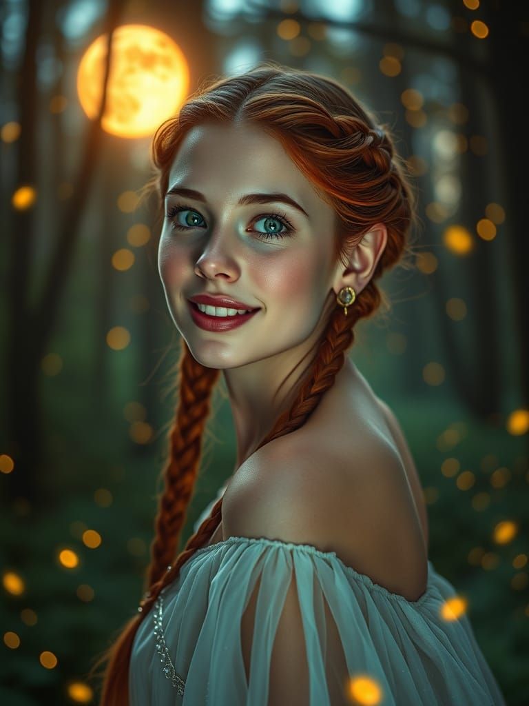 Emerald-Eyed Woman in Moonlit Forest, Hyperrealistic Digital...