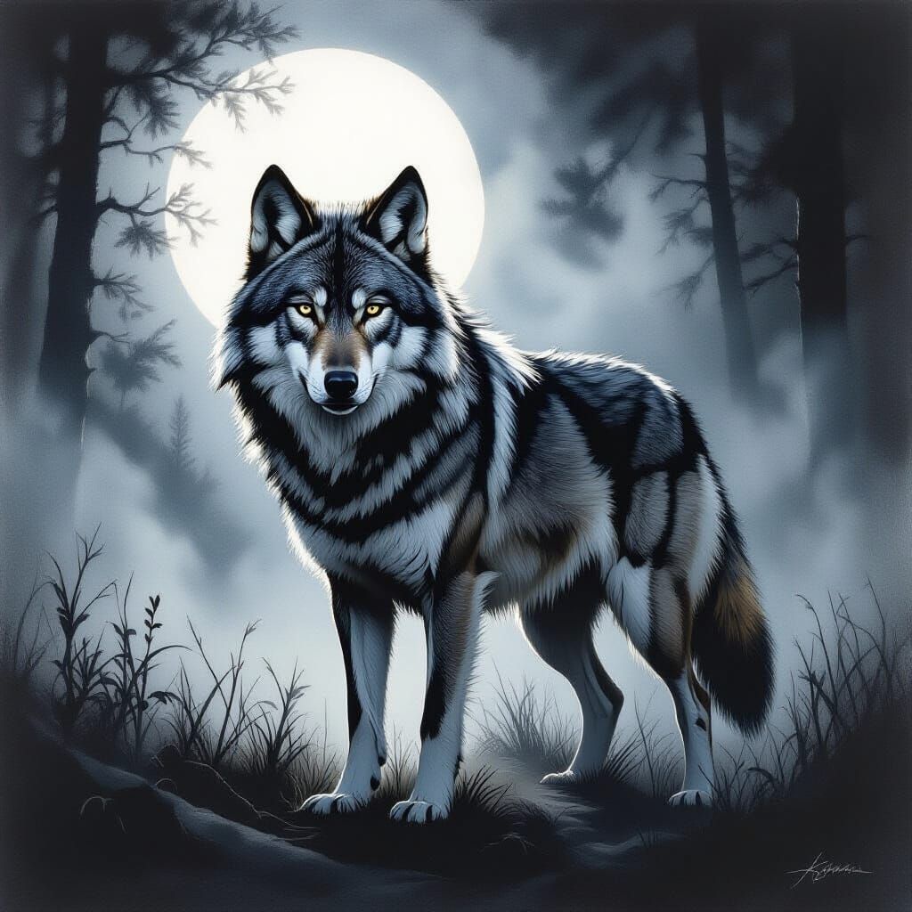 Hyperdetailed Charcoal Wolf in Moonlit Forest