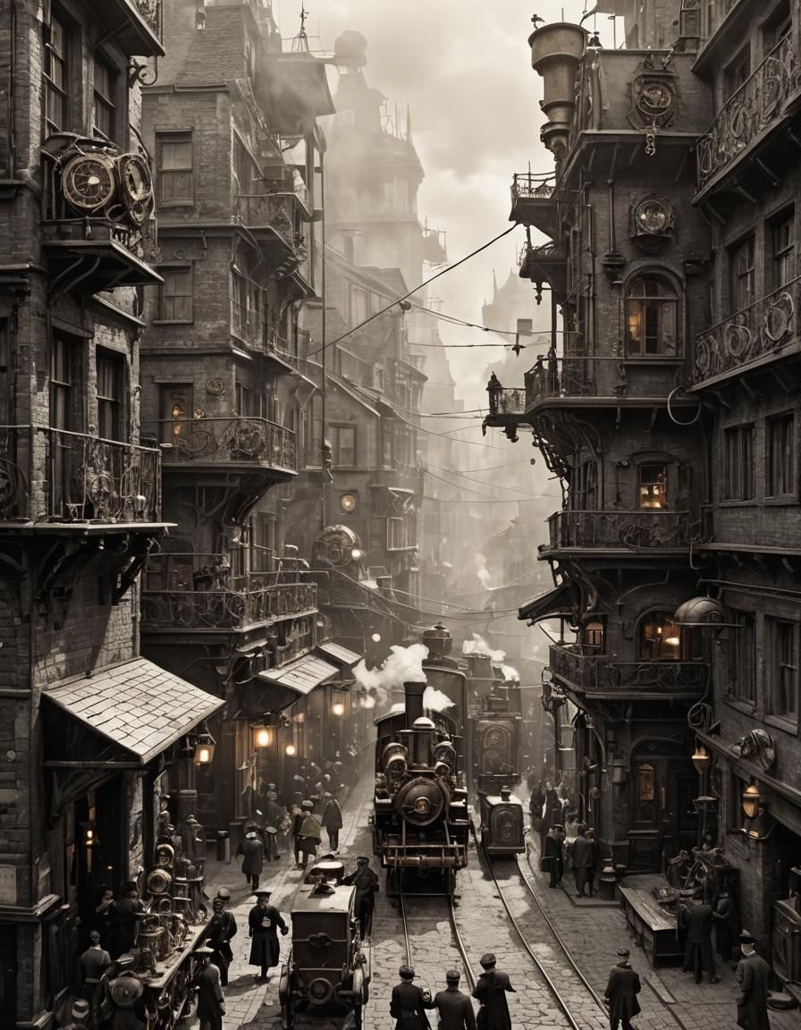 Steampunk Scene with Blue Light and Steam