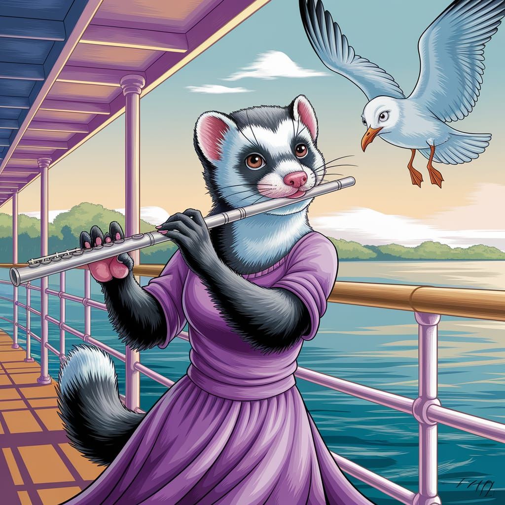 Funny Ferret Flute Player on Ferry in Gouache