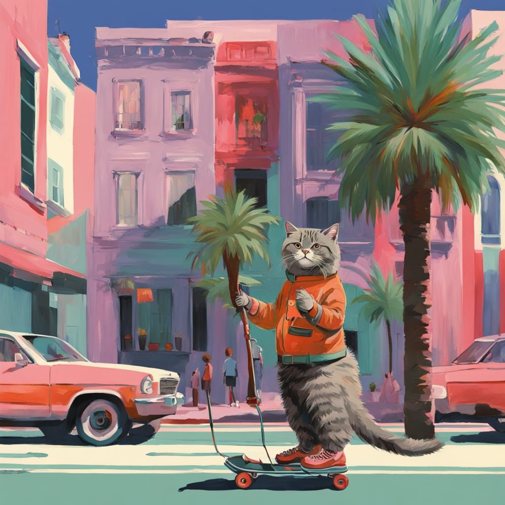 Whimsical Cat Skates Down Rodeo Drive in Vibrant Pop-Surreal...