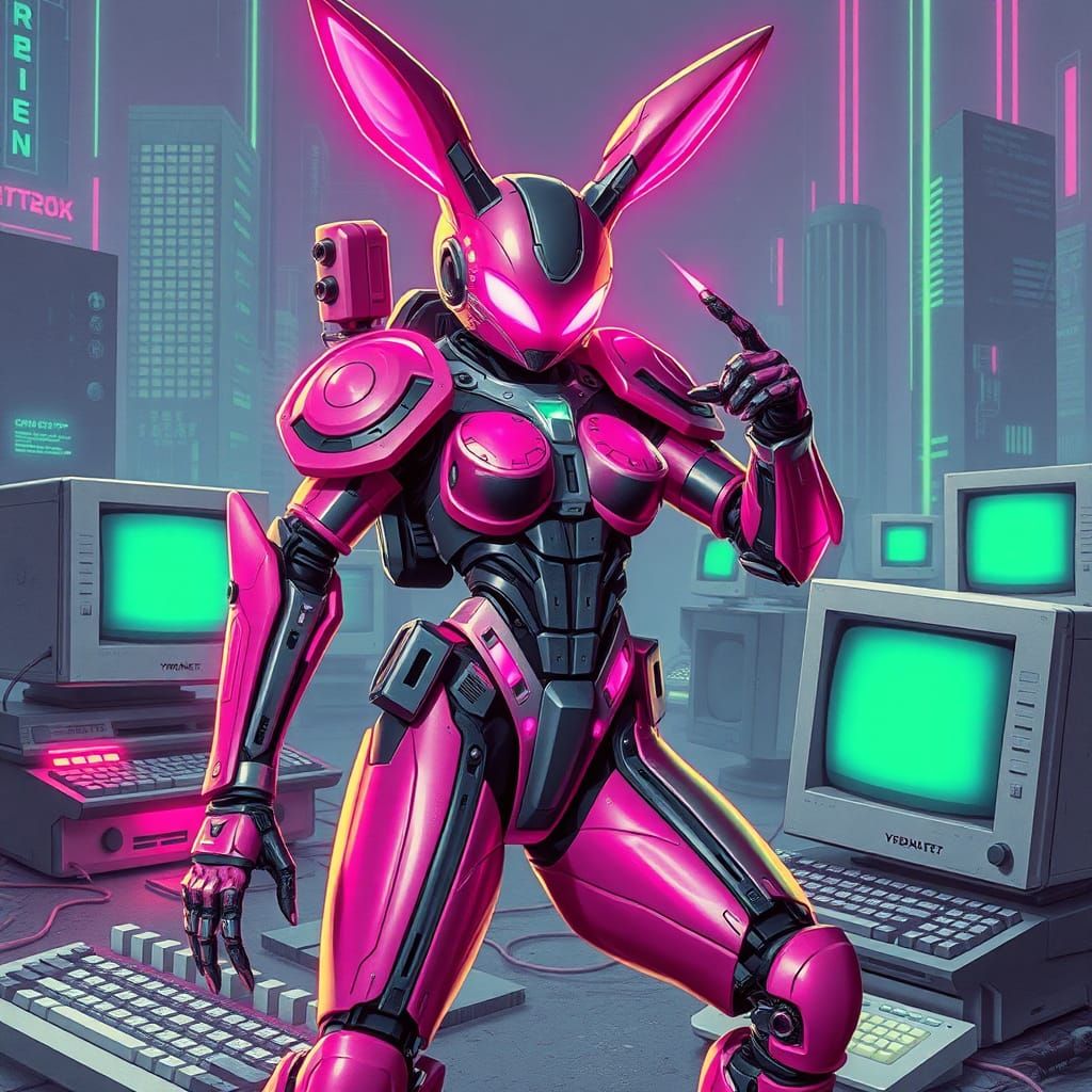 neon pink Cyberbunny bot woman   on  retro.computer  landsca...