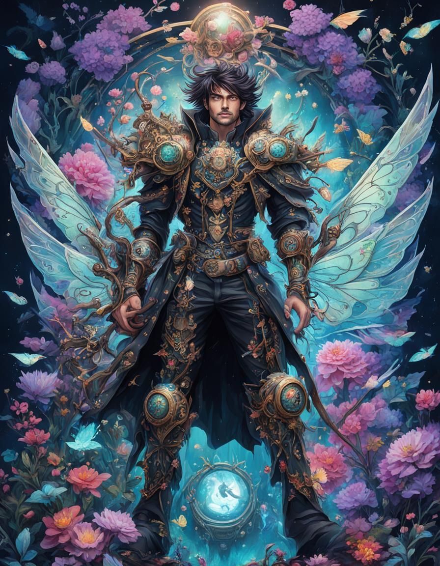 Steampunk Fairy in Bioluminescent Forest: Ink Anime Art