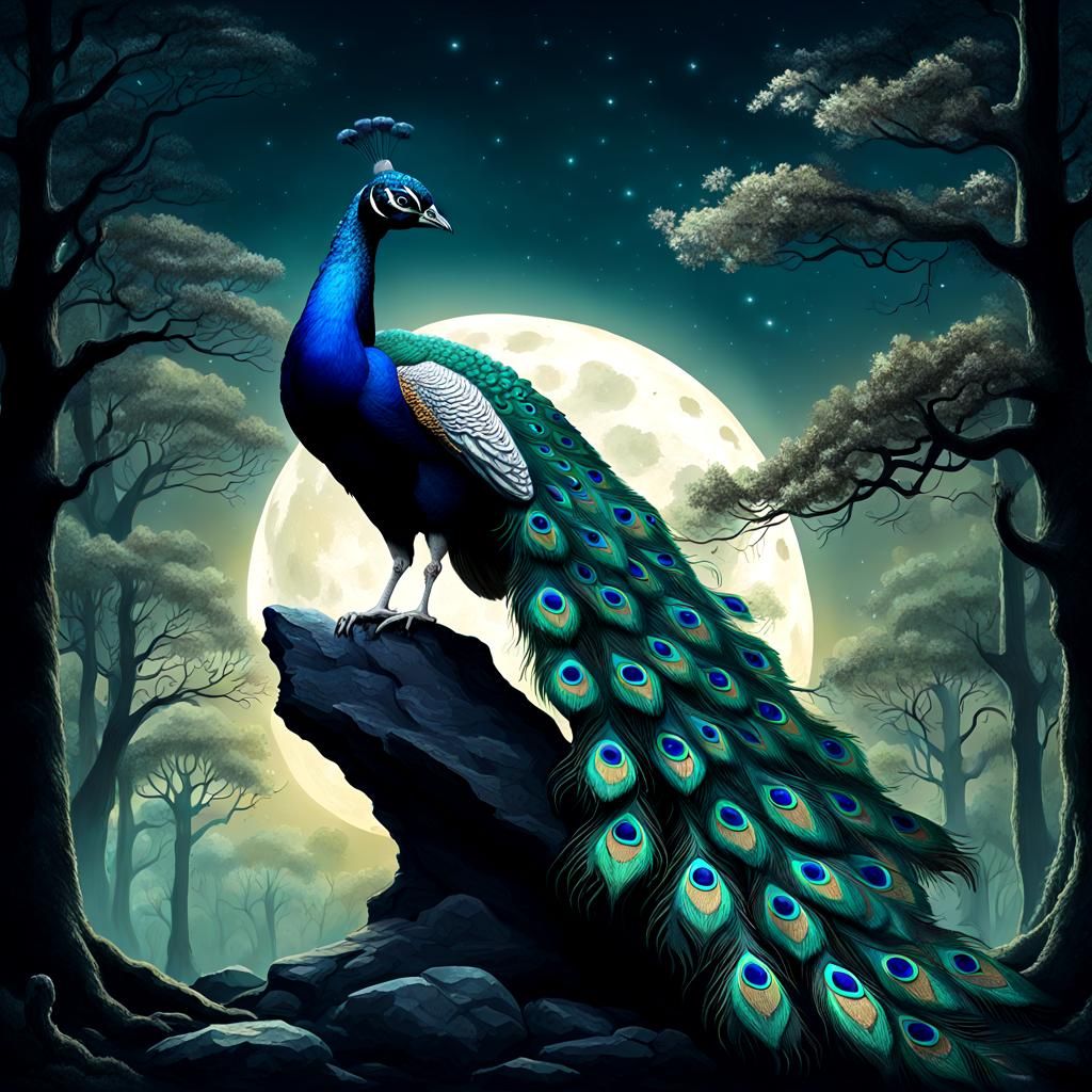Ethereal Peacock Illuminated by Full Moonlight on Ancient Do...