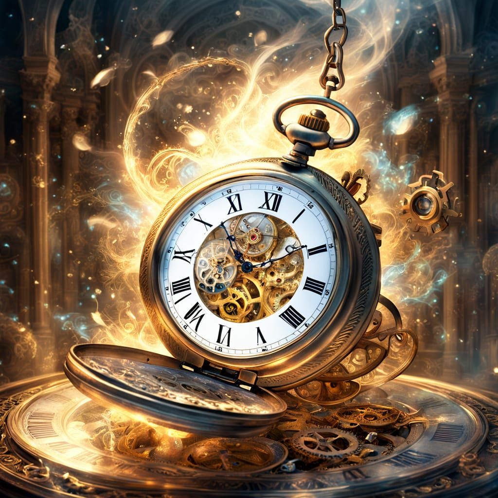 Exploding Pocket Watch with Golden Gears in Ethereal Light