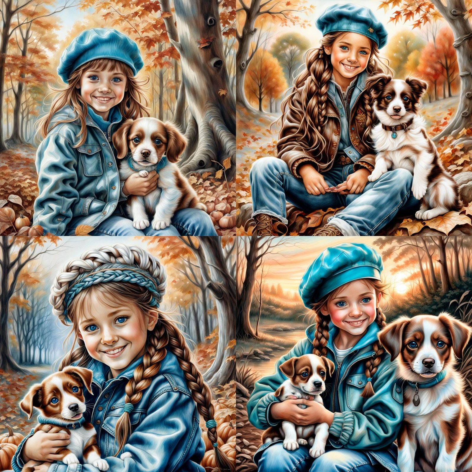 Autumn Girl with Puppy: Colored Pencil Drawing