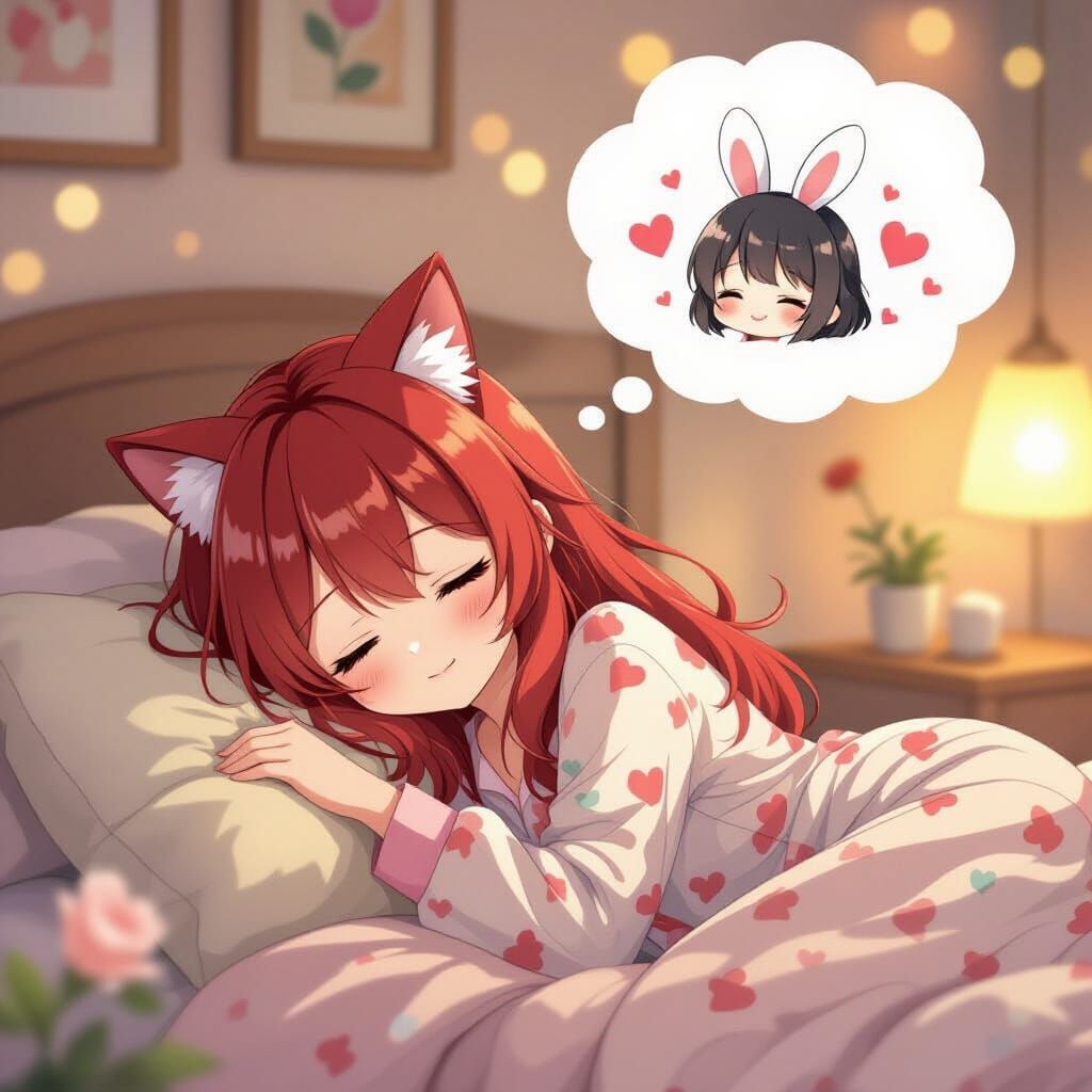 Dreamy Cat-Eared Girl Sleeping Peacefully