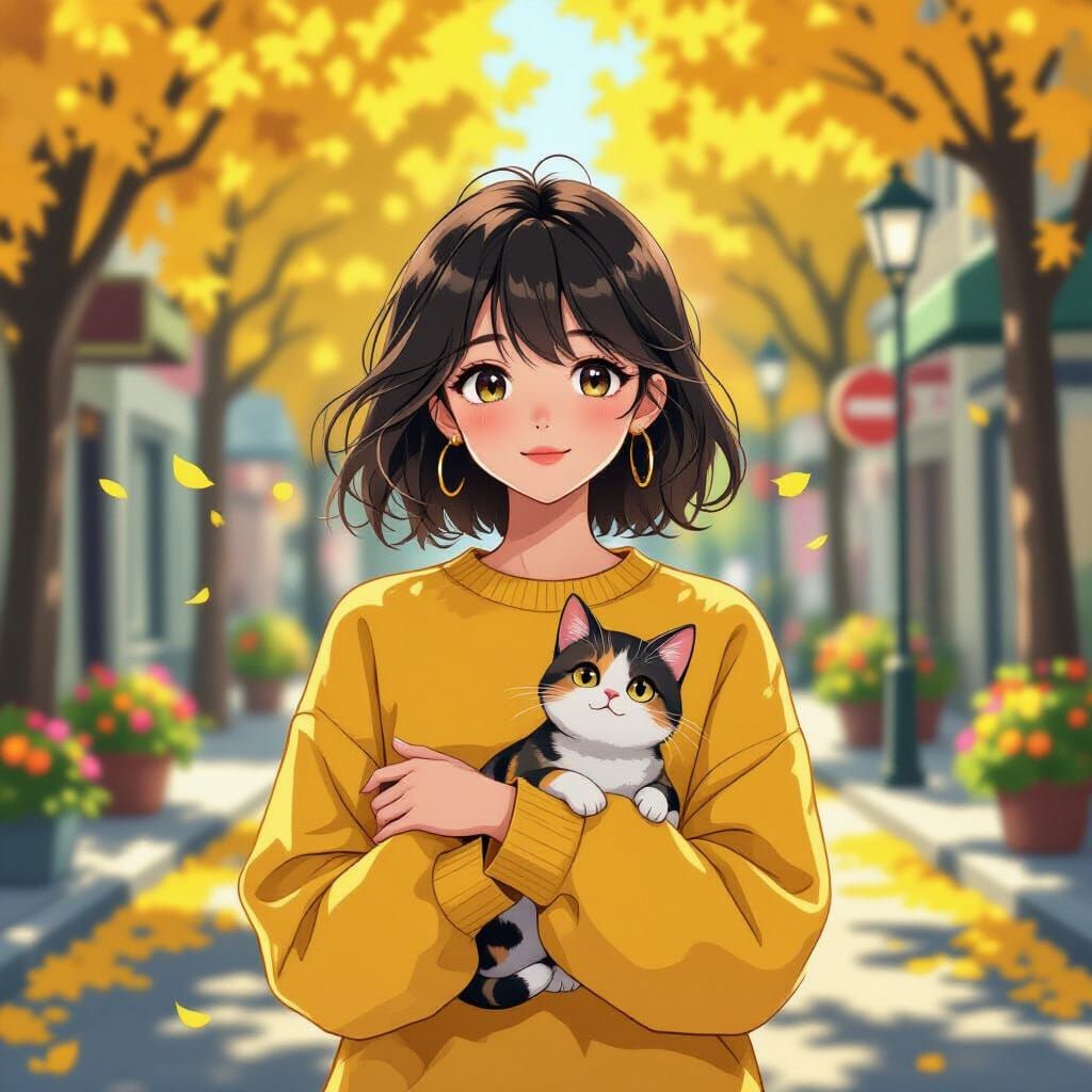 Anime Girl with Cat in Mystical Cityscape