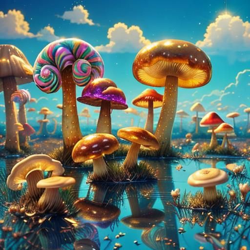 Vibrant Alien Field with Iridescent Flora, Dreamlike Digital...