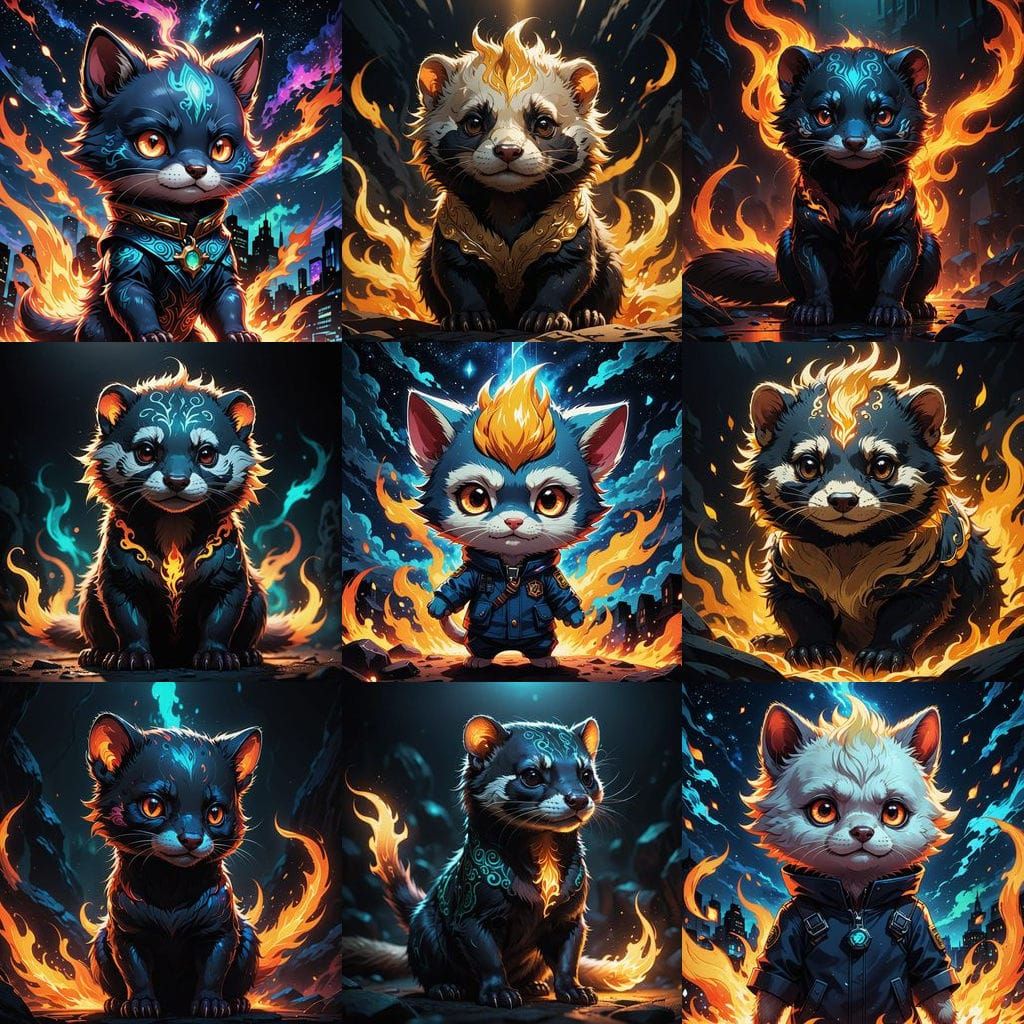 Vibrant Chibi Alien Ferret Blazes with Eldritch Energy