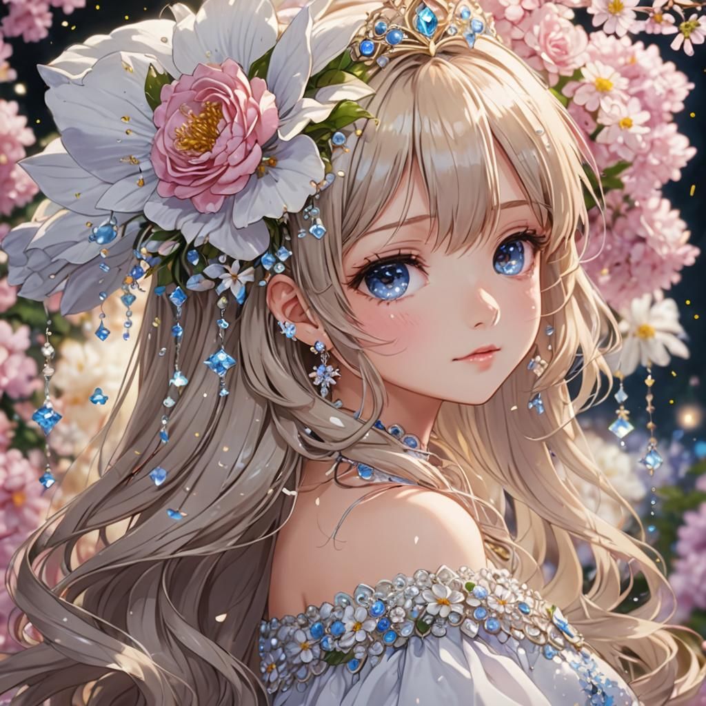 Anime Princess with Sparkling Eyes and Flowers