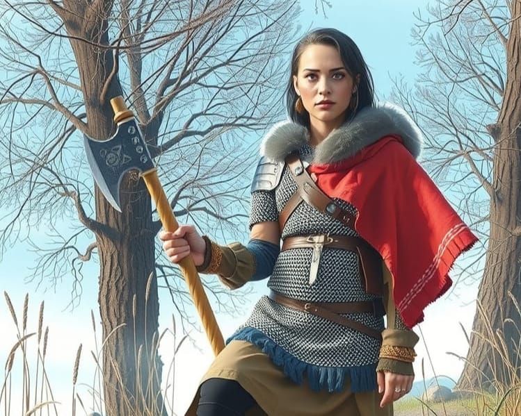 Viking Warrior Maiden Sits on Riverbank in Vibrant Comic Boo...