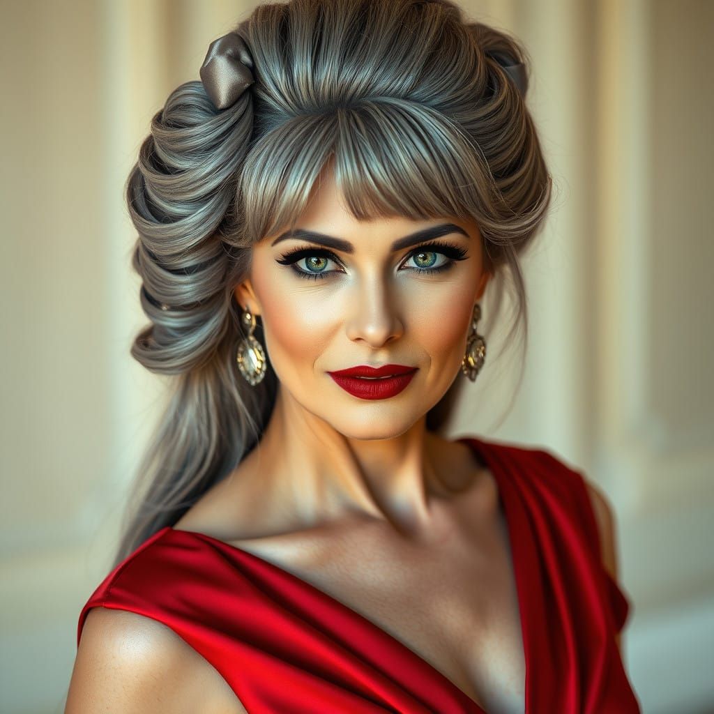 Elegant Woman in Red Evening Gown with Grey Hair and Sultry....