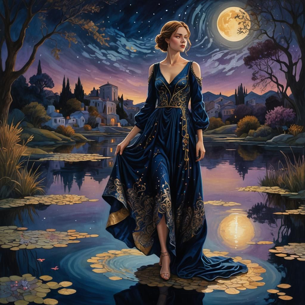Woman in Blue Velvet Dress: Fantastical Digital Art