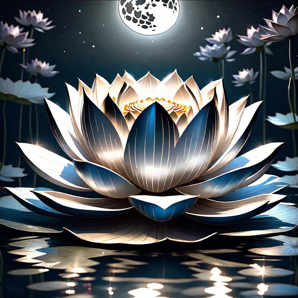 Platinum Lotus on Pond Under Full Moon