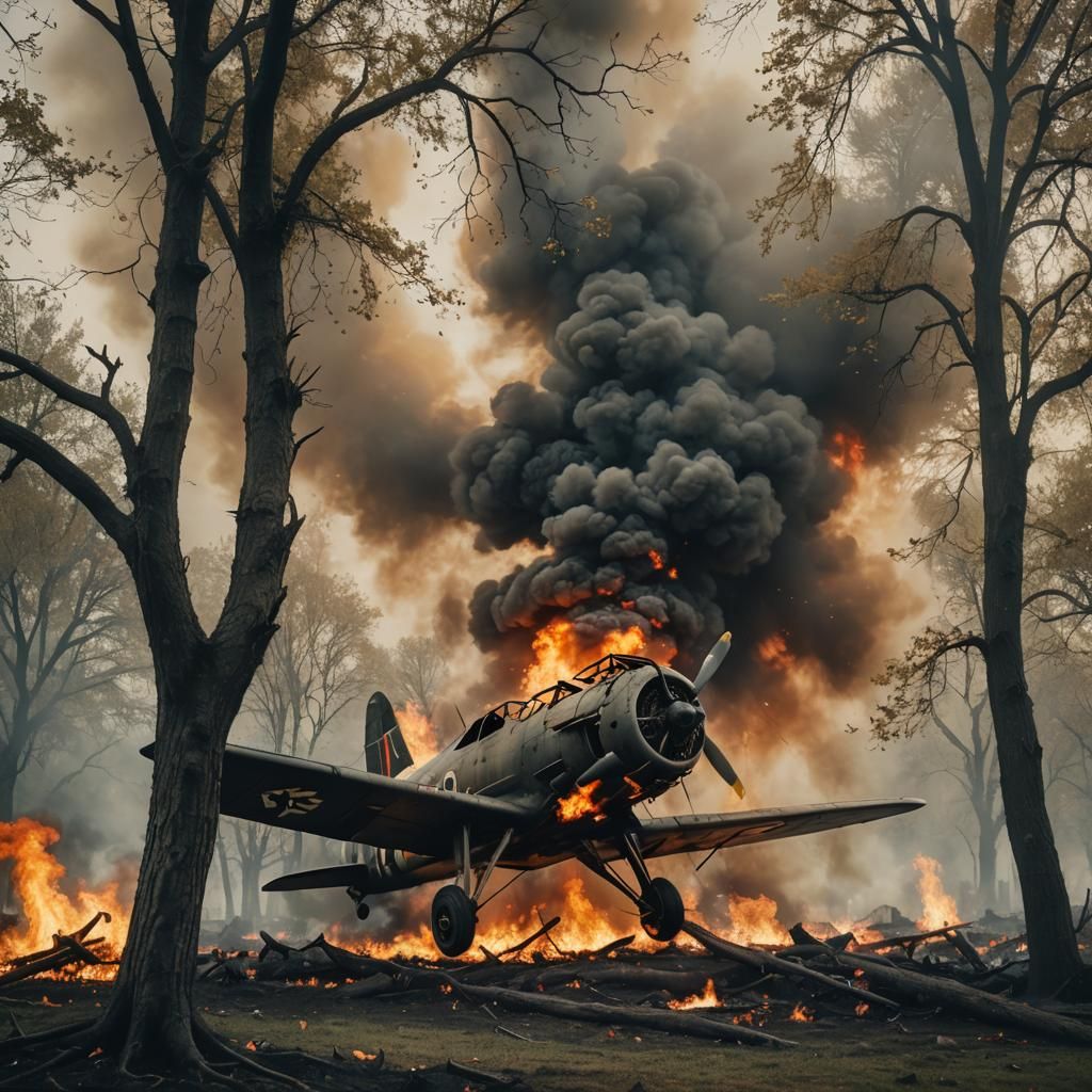 WWI Plane Crash: Flames and Smoke in Tree