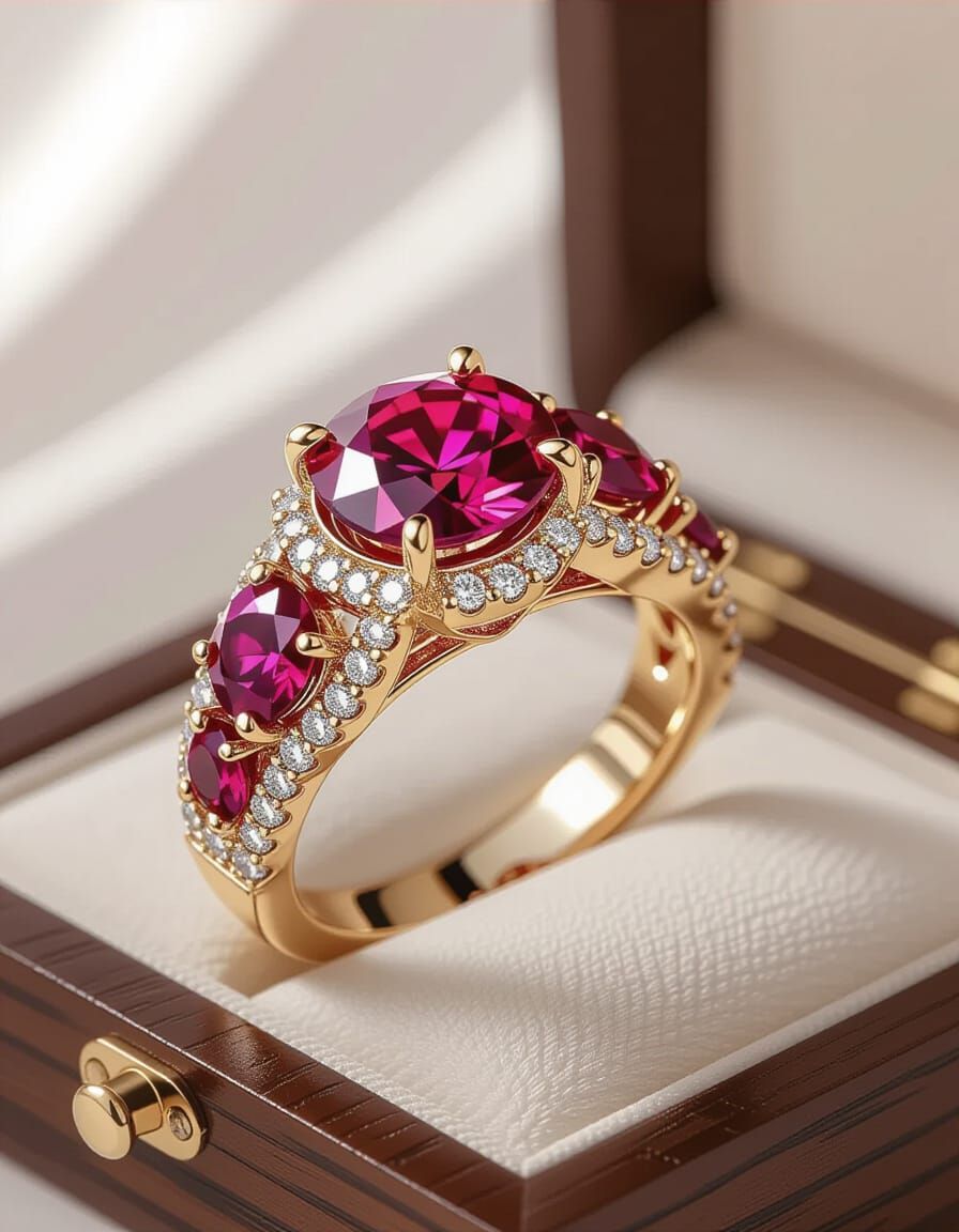 Intricate Ruby and Diamond Wedding Ring in 3D Style