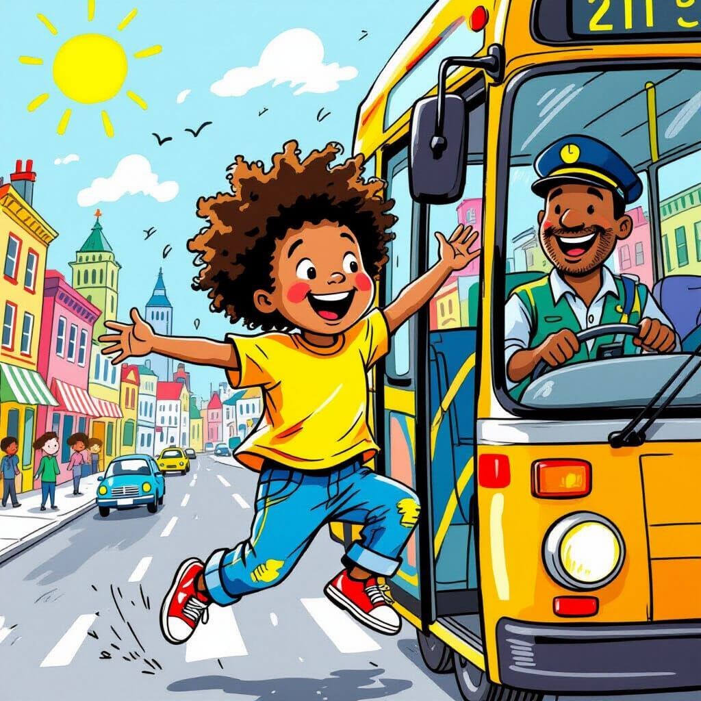 Joyful Afro Boy Boards Sunny City Bus in Storybook Style