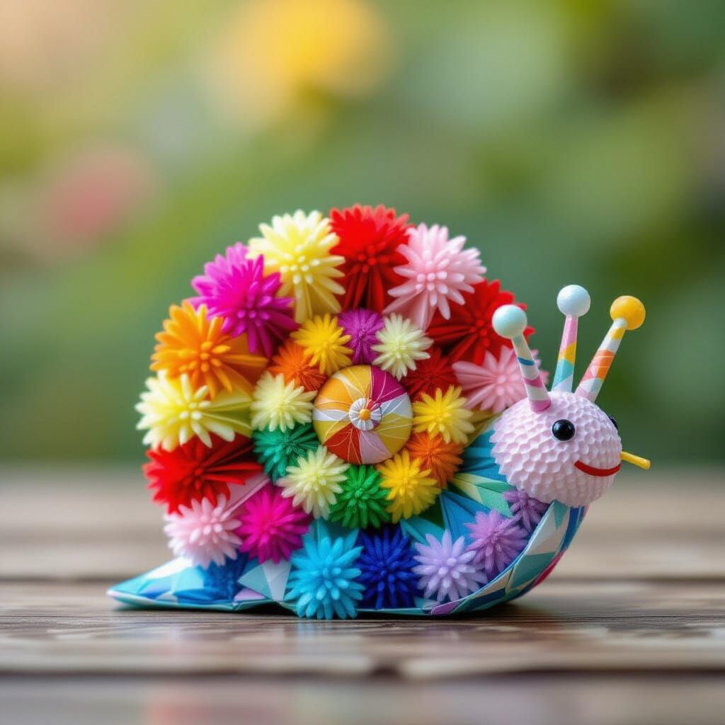 Rainbow Pompom Snail Figurine in Papercraft Style