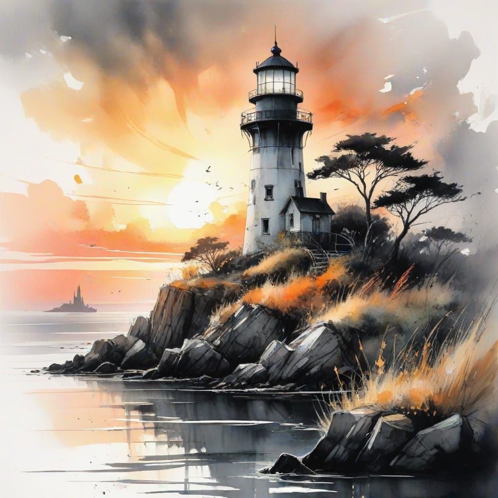 Weathered Lighthouse at Winter Sunrise in Stylized Watercolo...