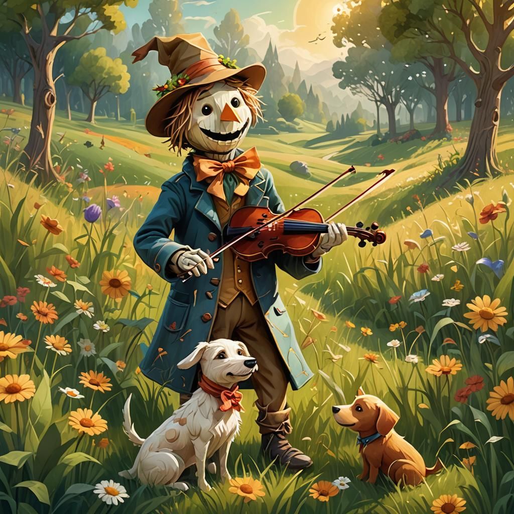 Disney Style Scarecrow Plays Violin for Dog