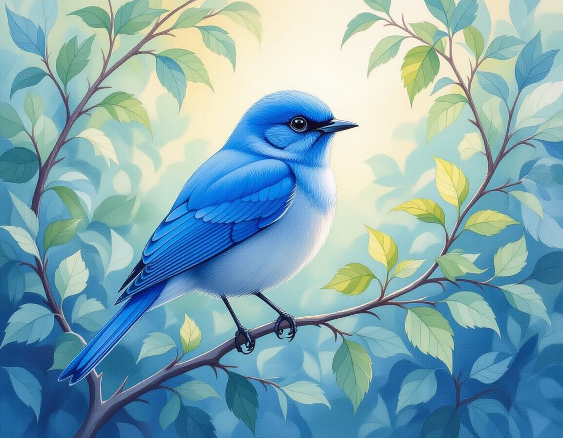 Vivid Watercolor Bird Painting in Azure Hues