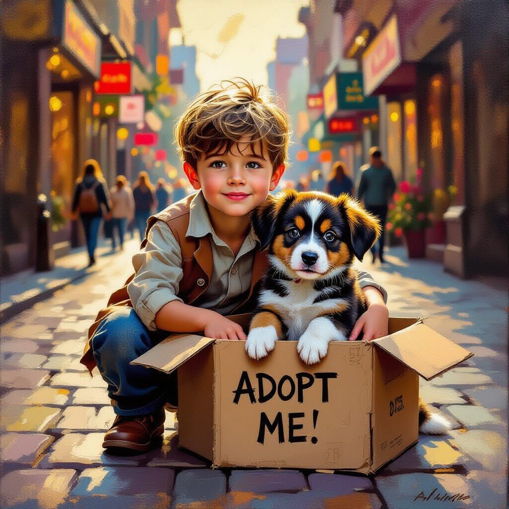 Boy and Puppy Seek Adoption in Oil Painting Style
