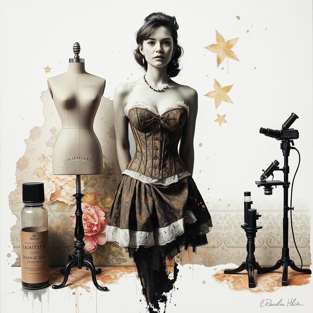 Surreal Woman in Vintage Corset Amidst Scientific Elegance