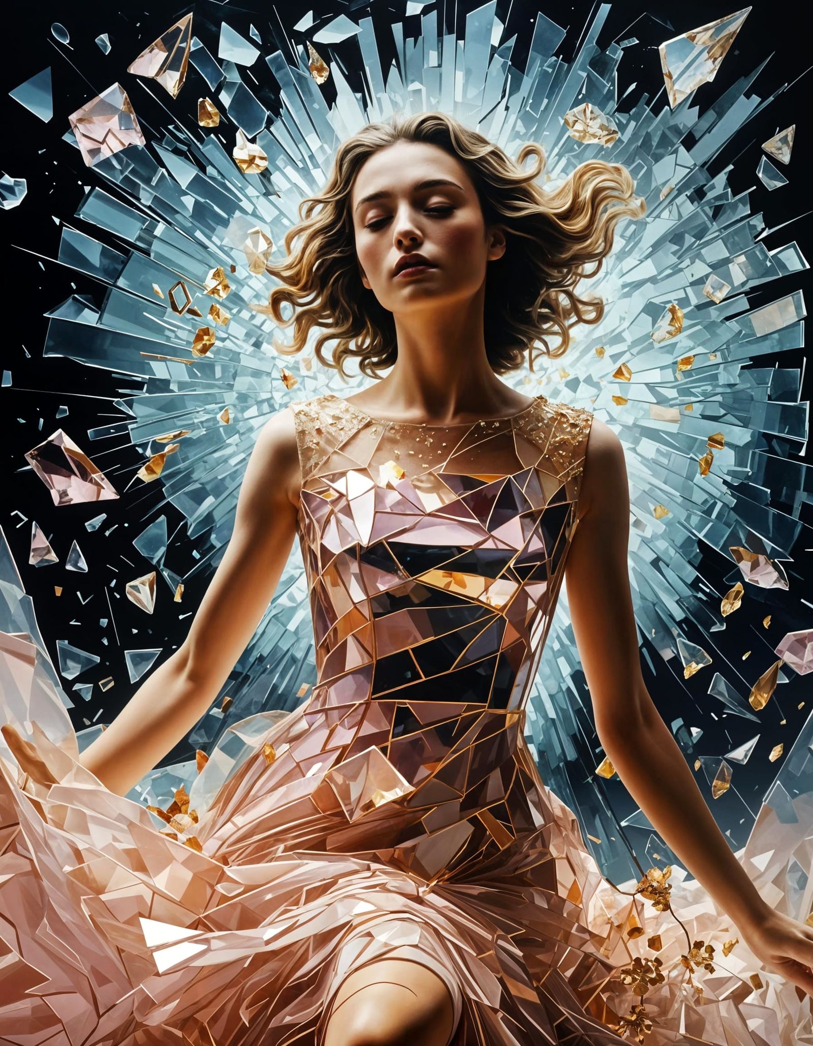 Woman in Transparent Glass Dress with Floral Accents