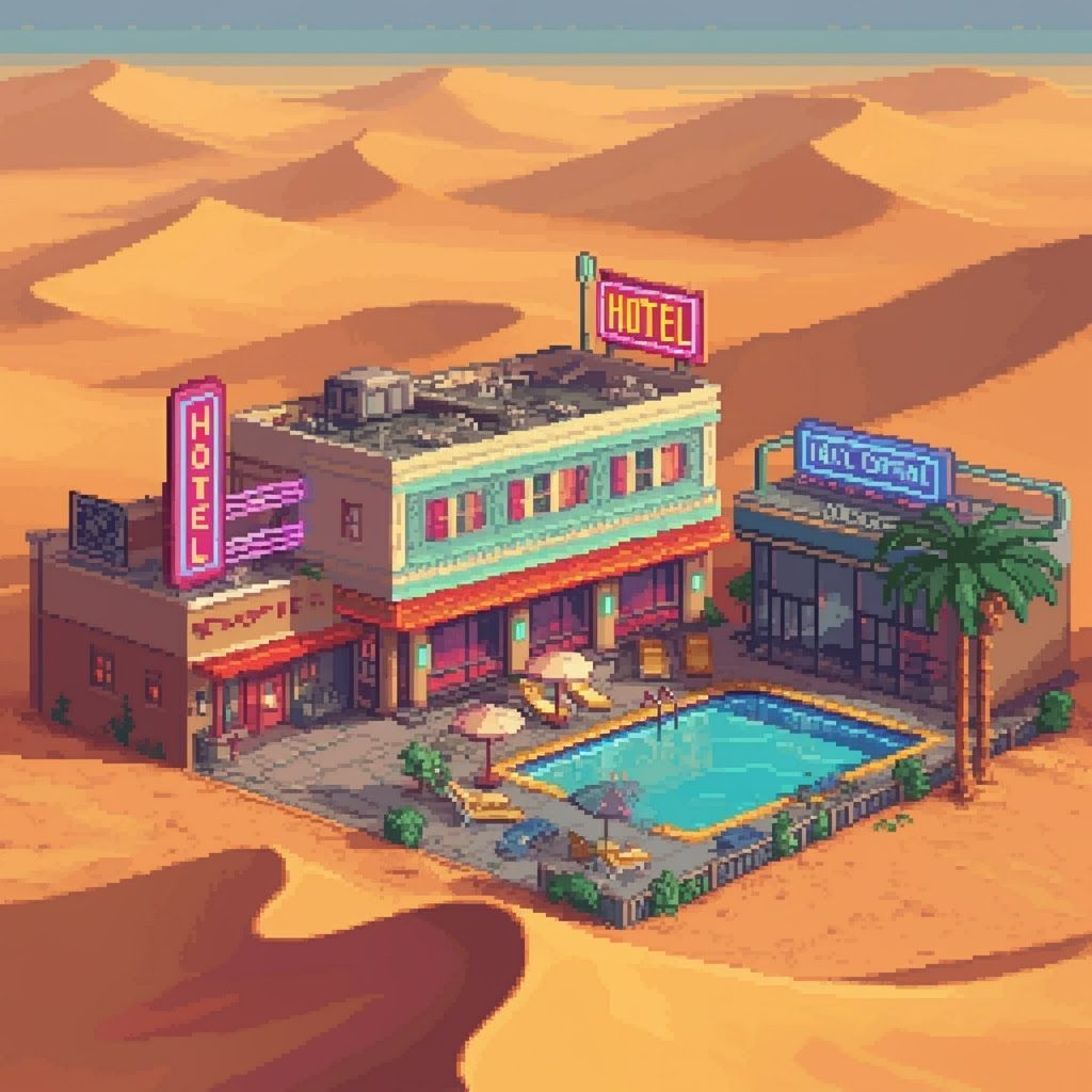 Luxurious Pixel Art Hotel Oasis in Desert
