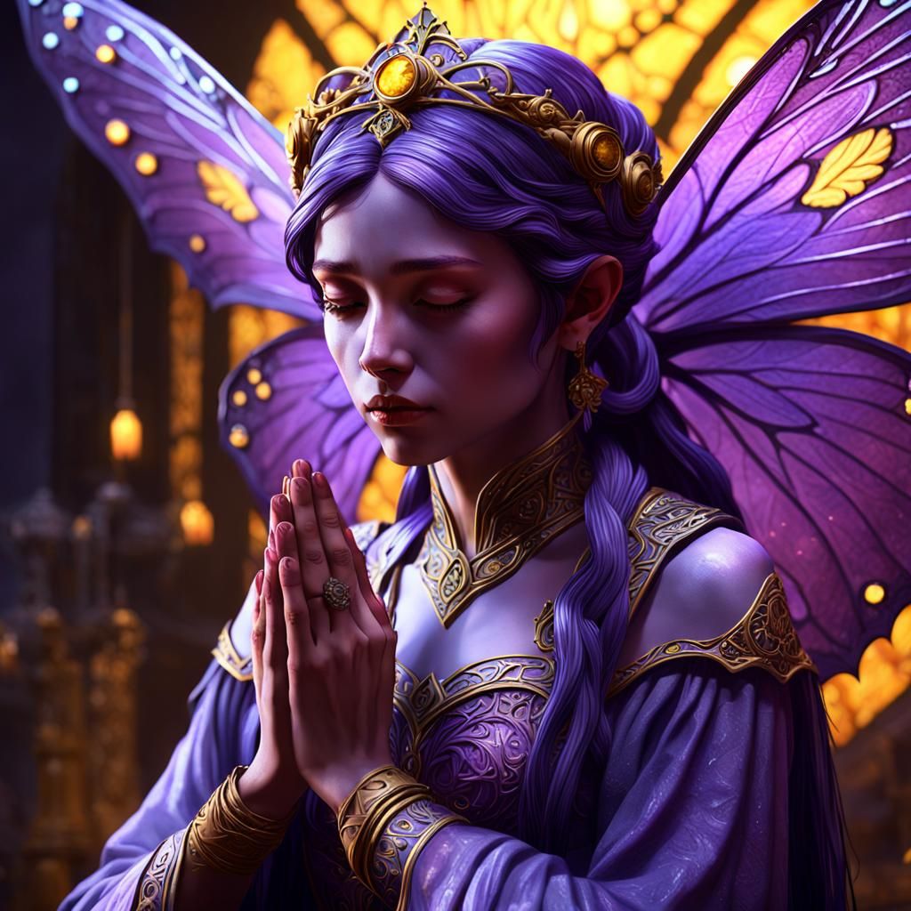 Purple Fairy Praying: Dark Fantasy Art Nouveau
