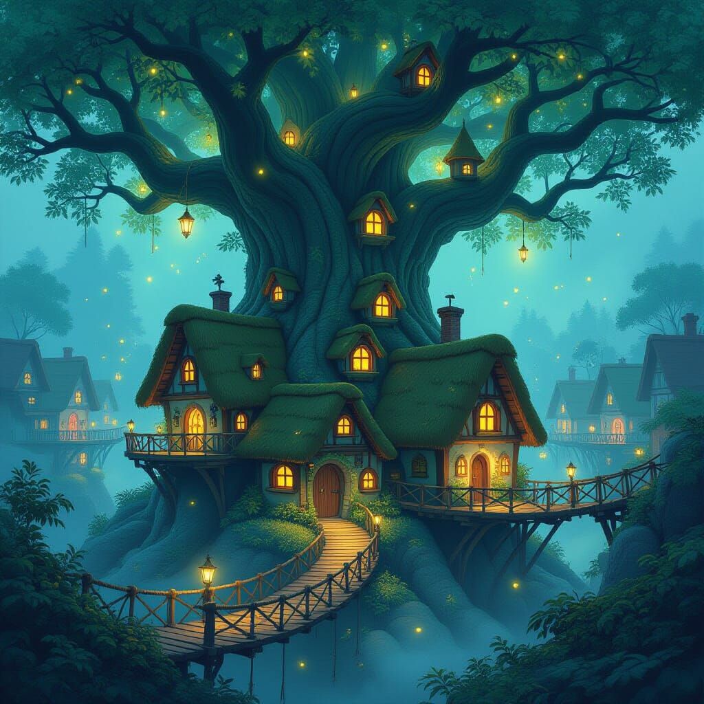 Enchanted Tree Village with Glowing Branches and Fireflies