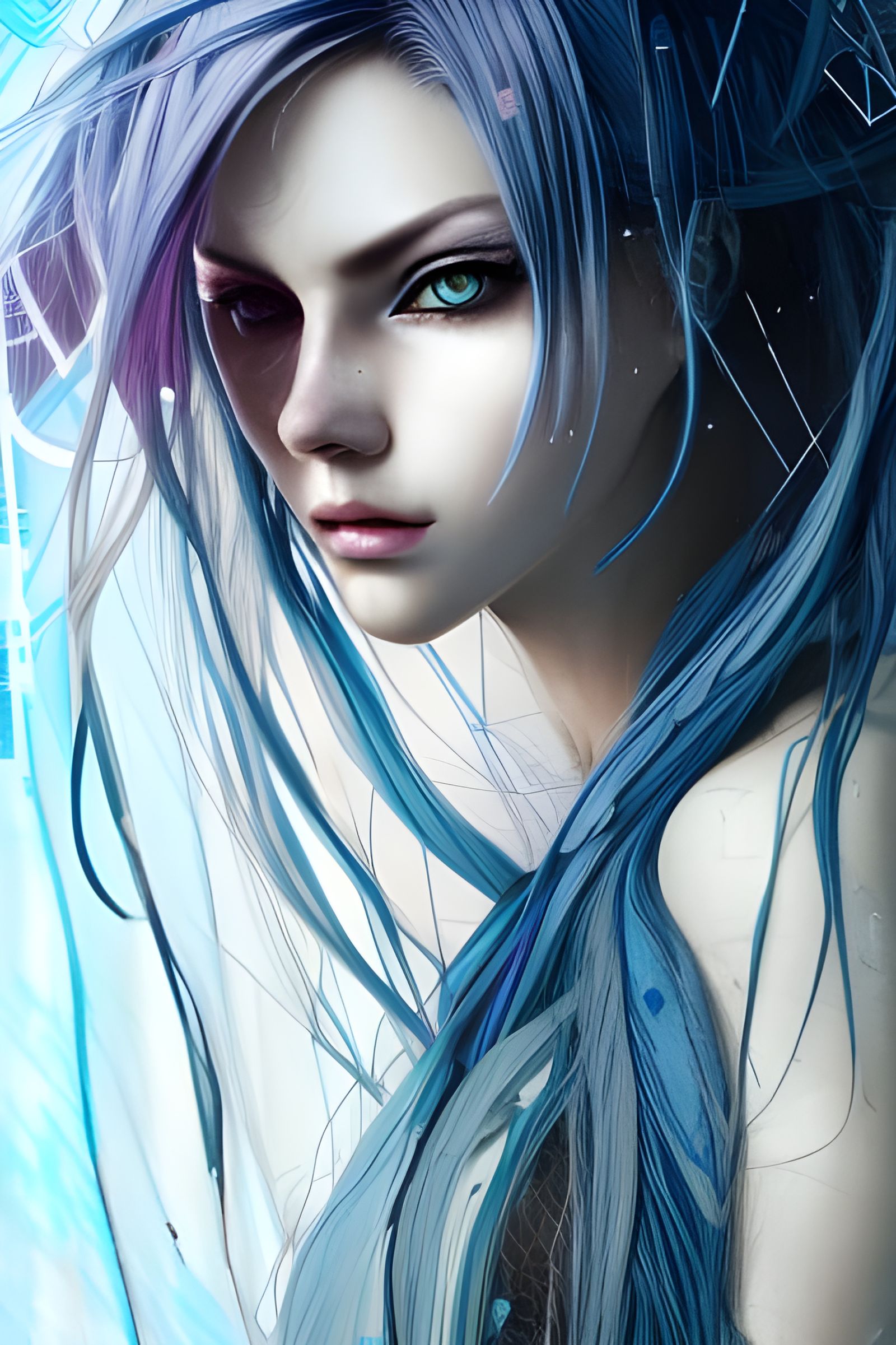 Cyberpunk Goddess with Blue Hair, Digital Illustration
