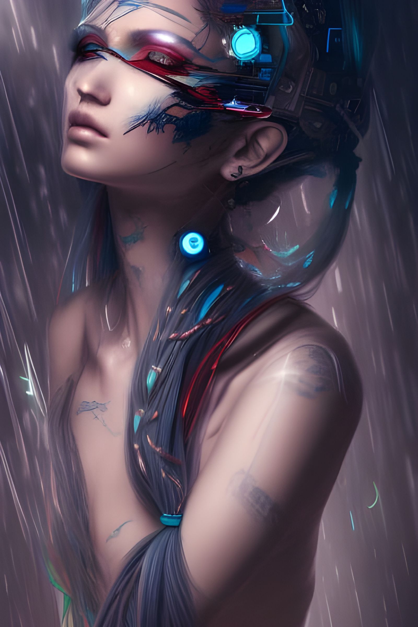 Cyberpunk Goddess with Blue Hair, Digital Art