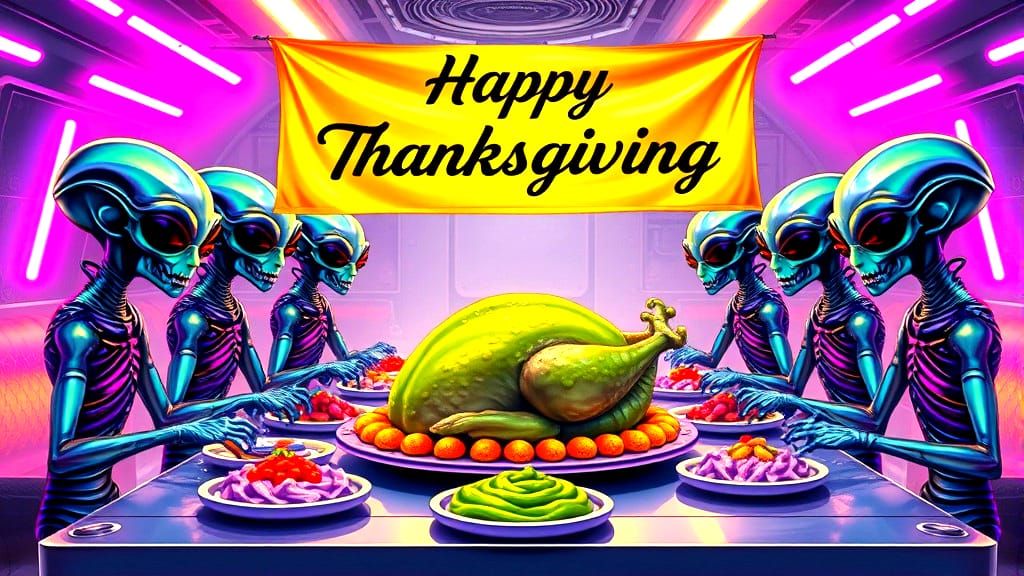 Aliens Celebrate Thanksgiving with Neon Feast