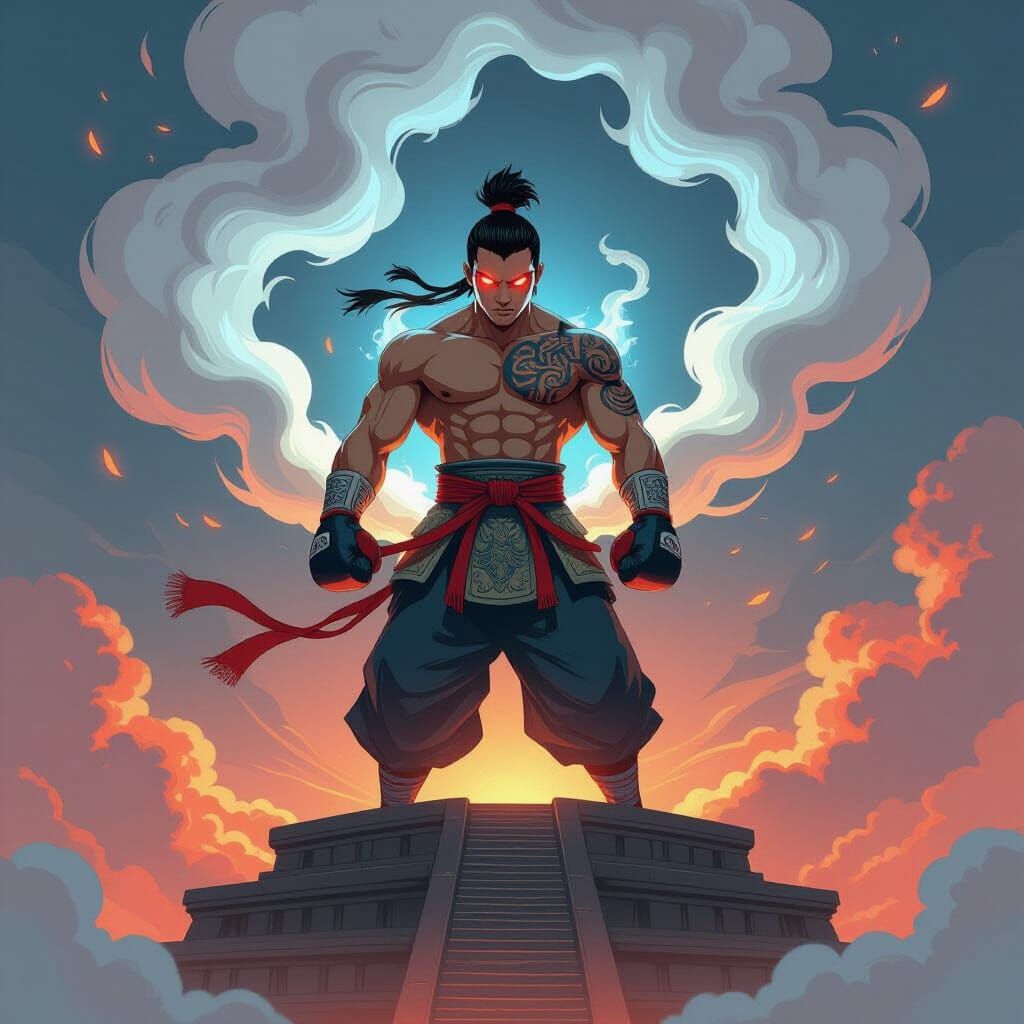Muay Thai Warrior on Ziggurat in Anime Style