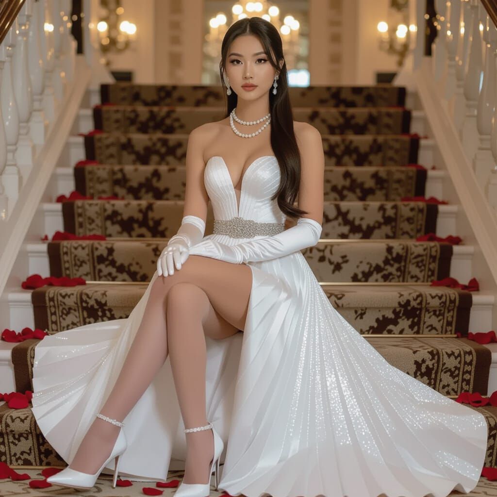 Elegant Asian Woman in White Gown on Stairs