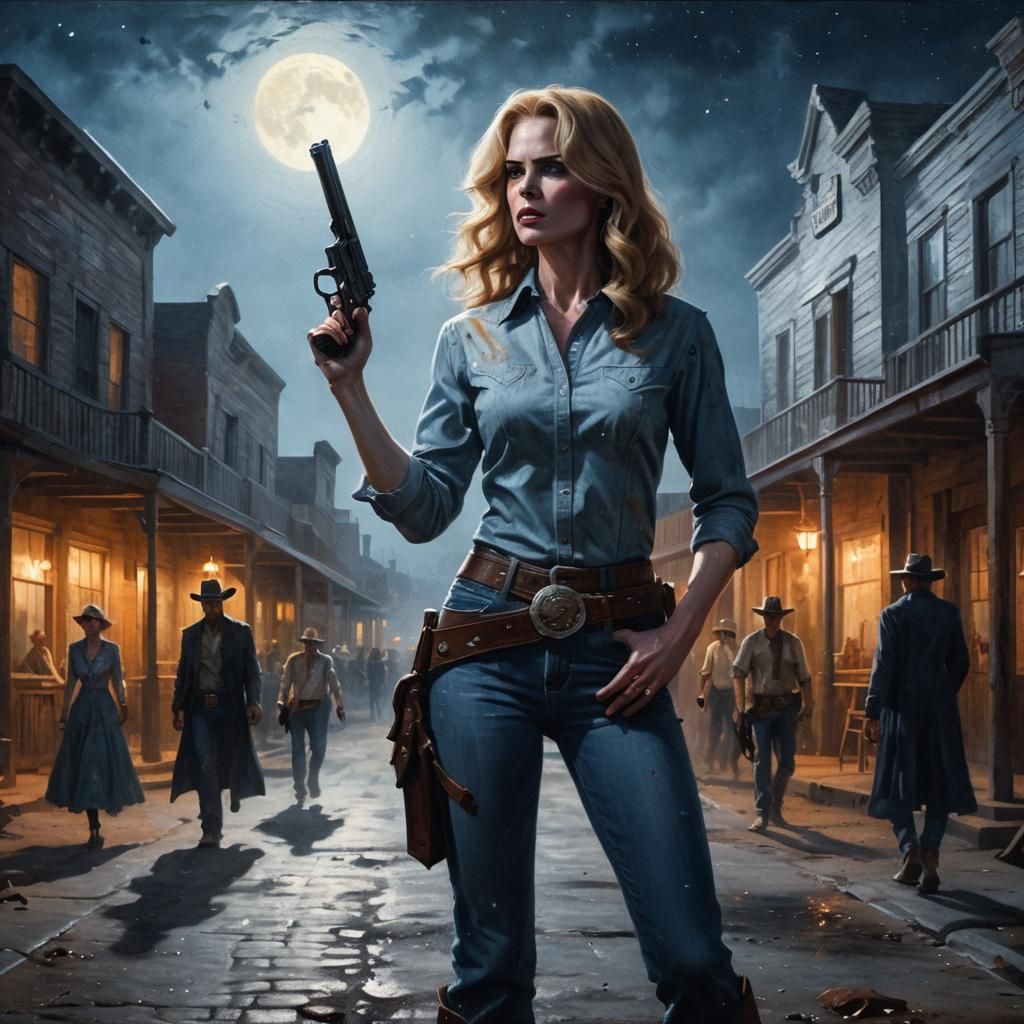 Cowgirl Confronts Zombies in Western Town Pulp Art