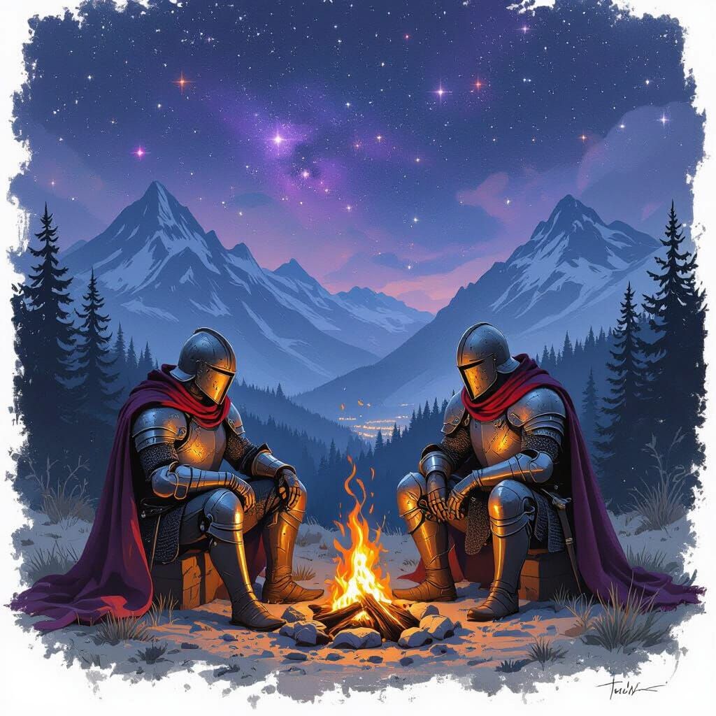 Medieval Knights Camp Under Violet Starry Sky