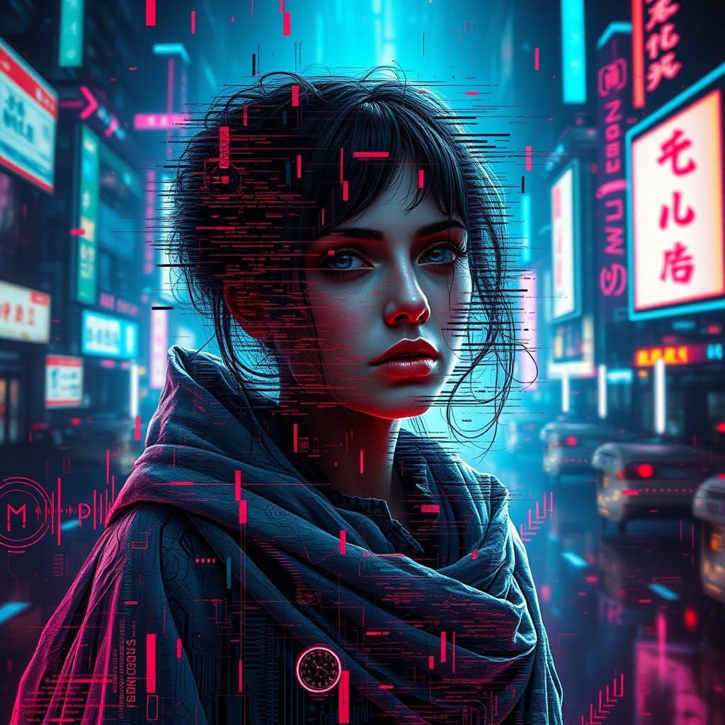 Woman's Face Dissolving into Digital Static, Glitch Art