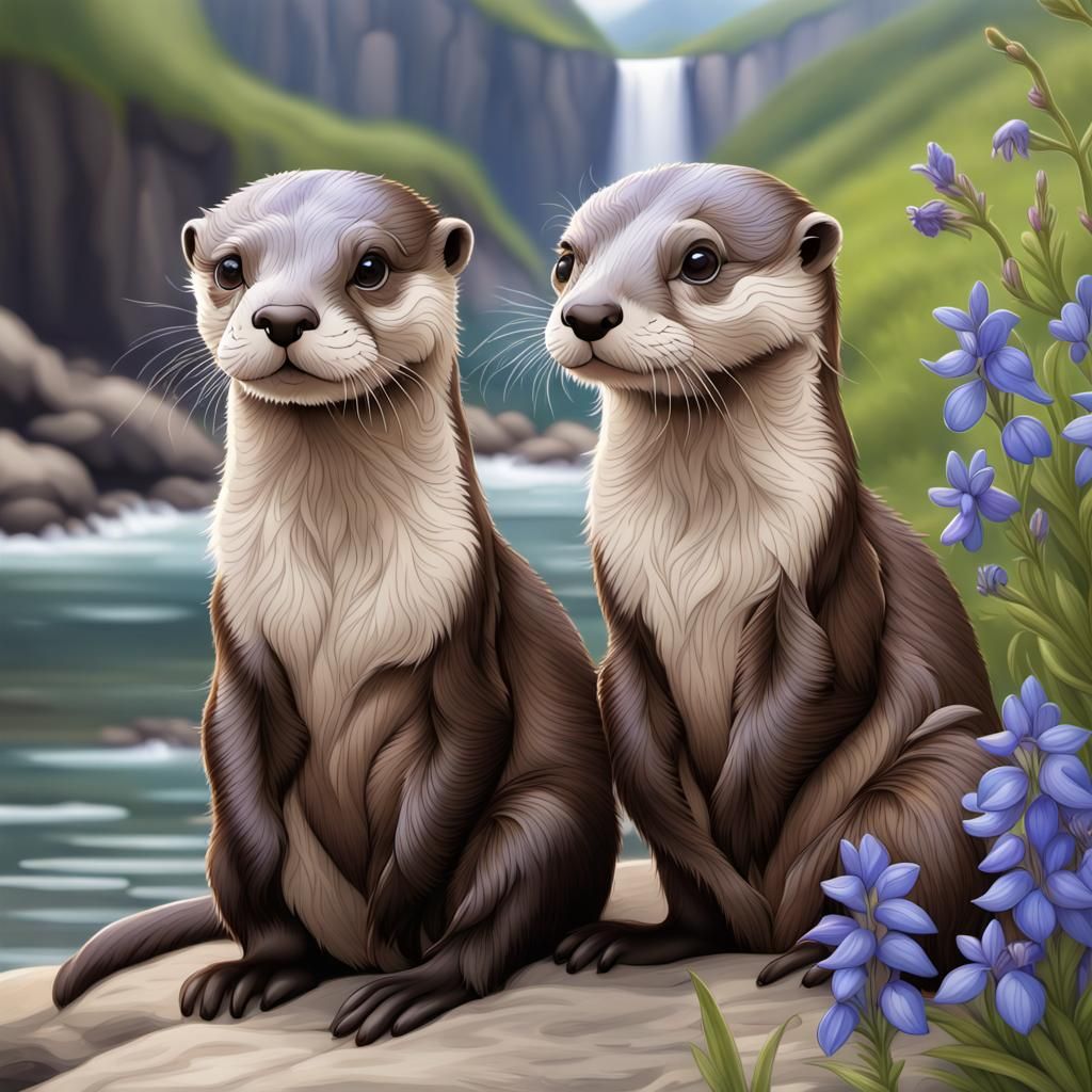 Cute Otters in a Colorful River Landscape