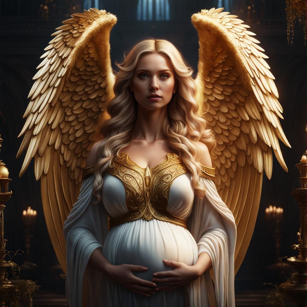 Pregnant Angel with Golden Hair: Detailed Matte Painting
