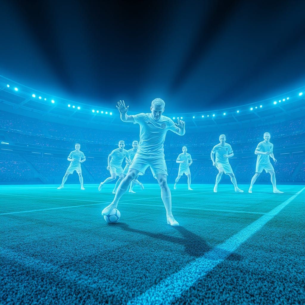 Ethereal Futuristic Soccer Players in Holographic Stadium