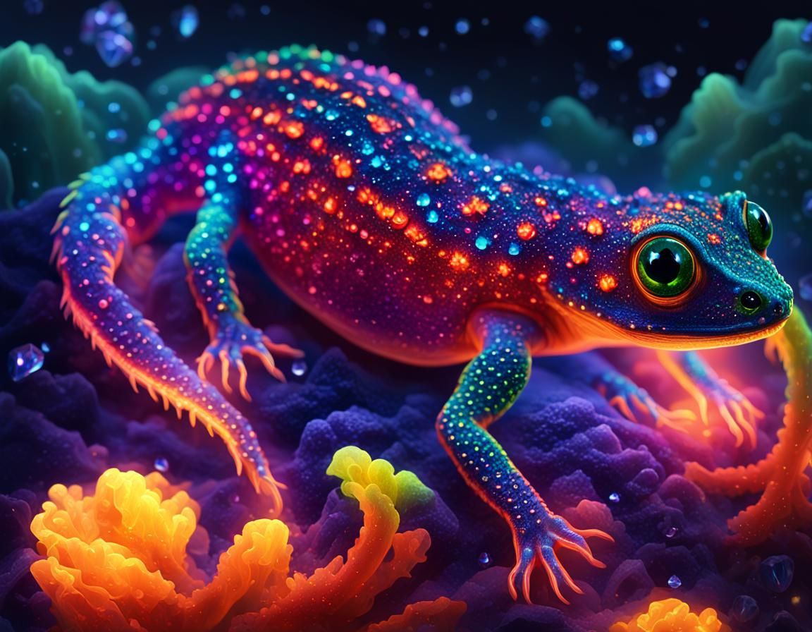 Sparkling Neon Newt with Crystals in Skin