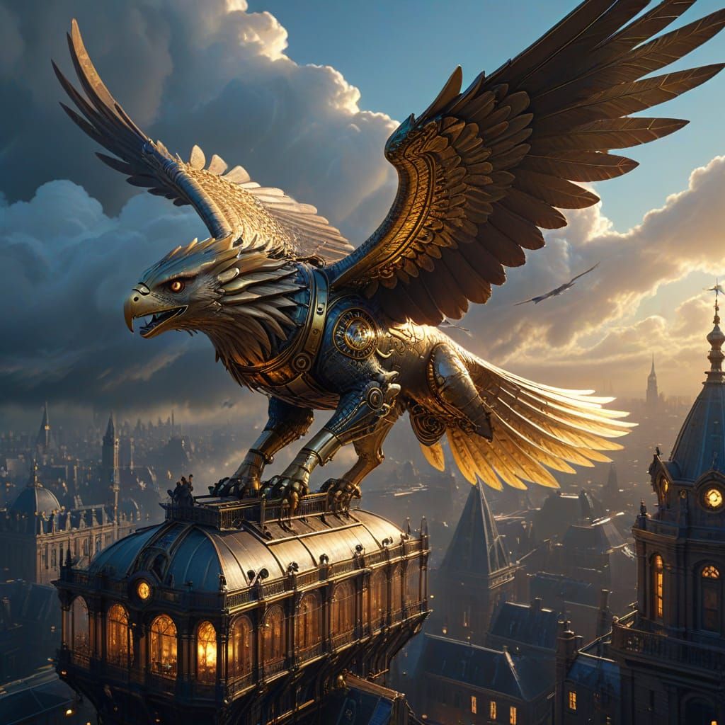 Steampunk Griffin Airship Soaring Above Victorian City