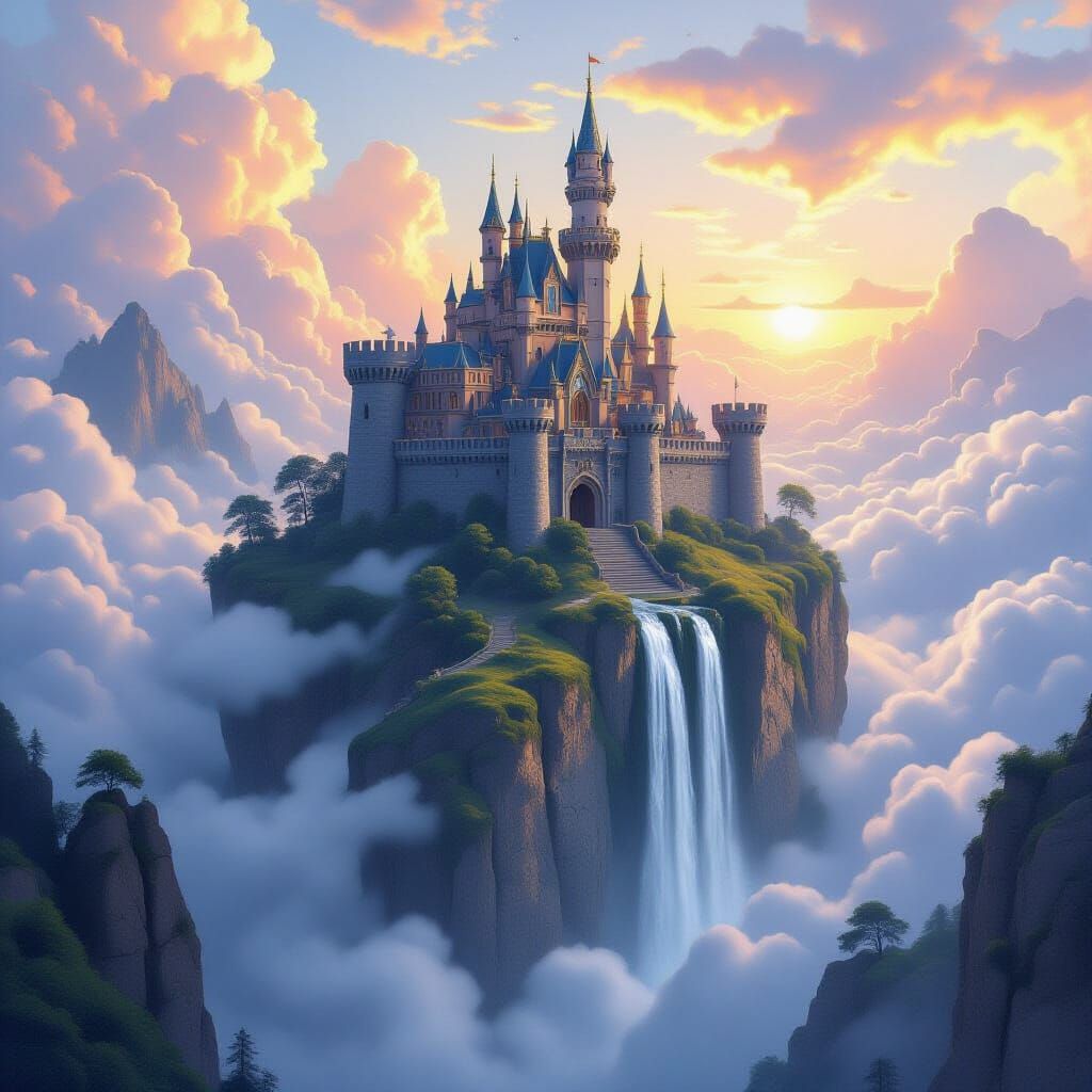 Majestic Castle on Floating Rock with Sunrise Waterfalls