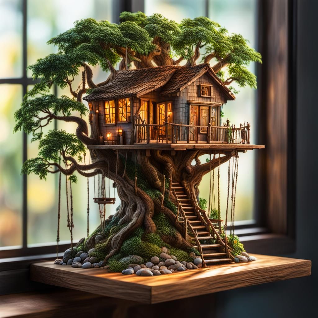 Hyperrealistic Miniature Treehouse Village on Window Shelf