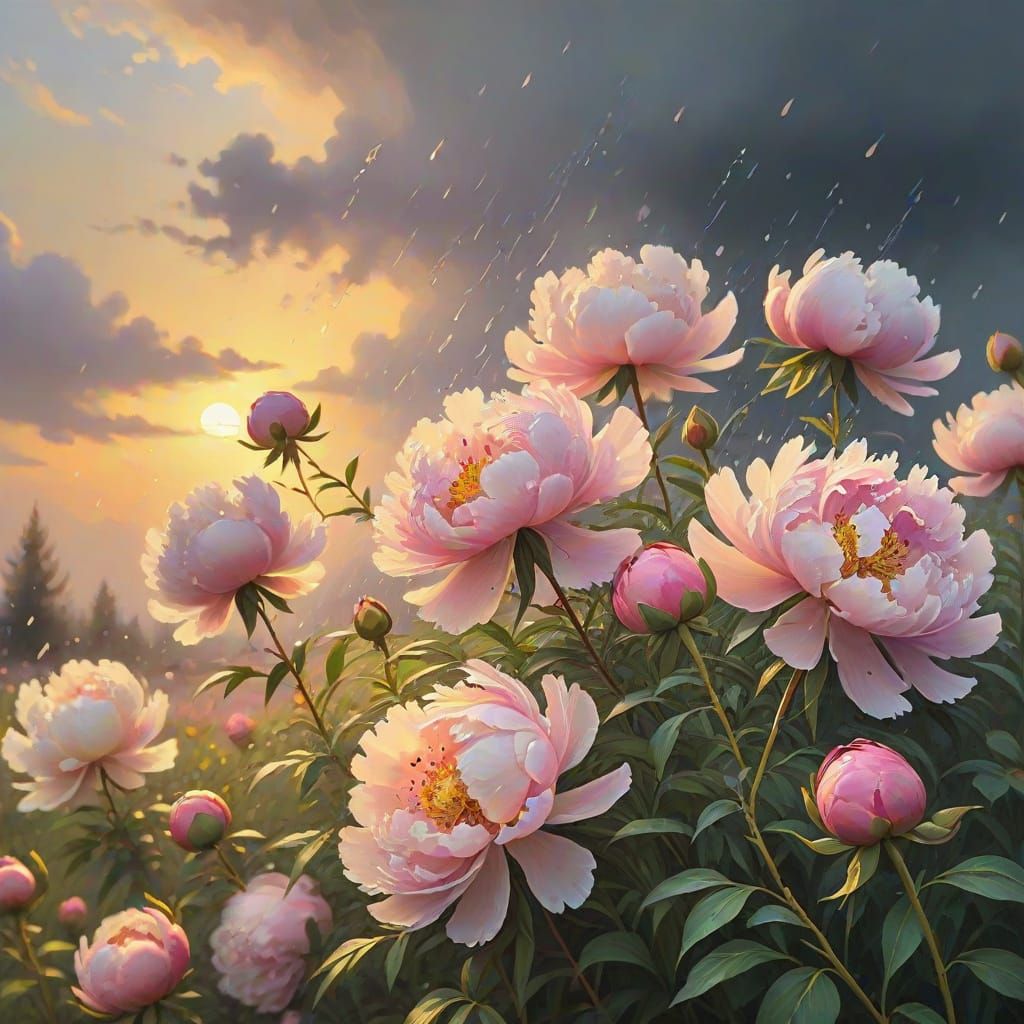 Impressionist Peonies Bending in Summer Rain