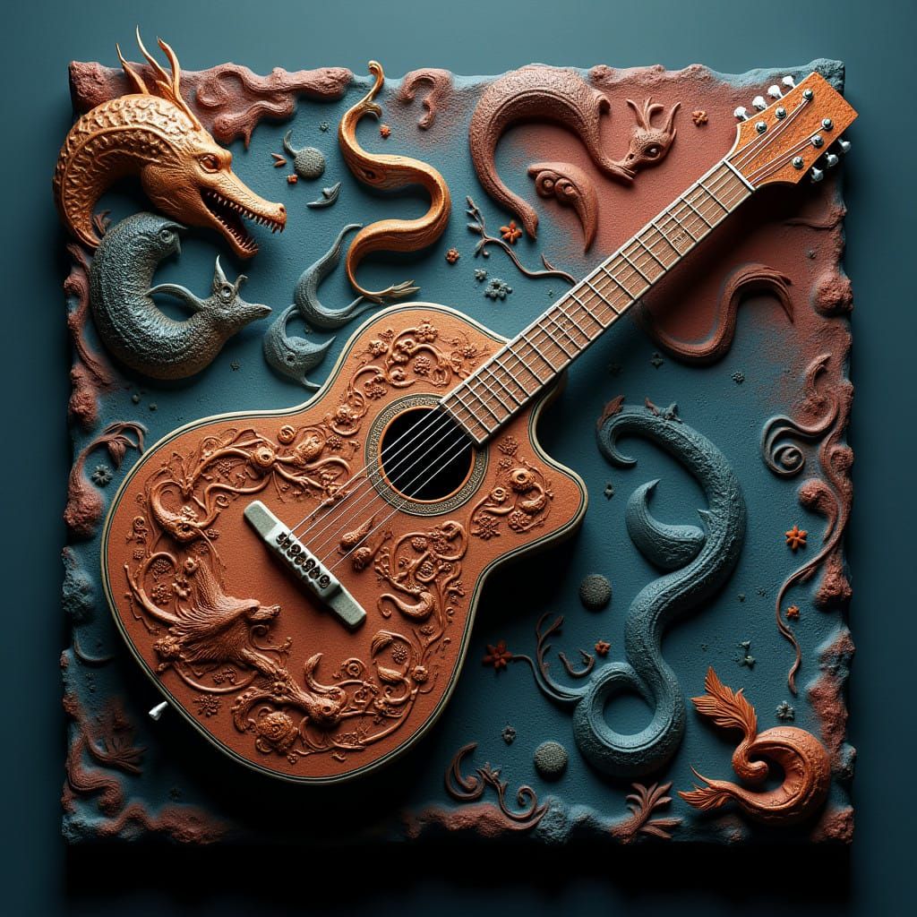 Fantasy Guitar Bas Relief in Deep, Rich Colors