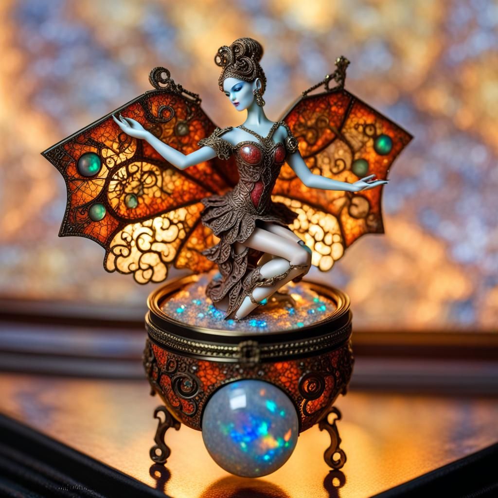 Ornate Music Box with Ballerina and Mythical Statues